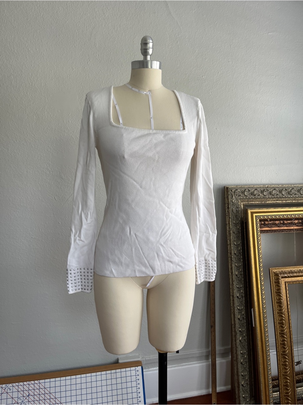 White House Black Market White Square-Neck Long Sleeve studded Top